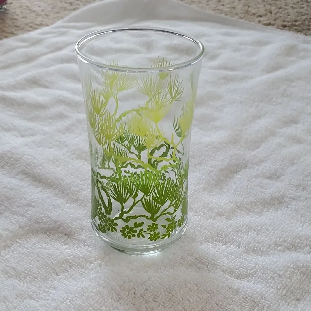 Drinking Fern Glass MCM Libbey Green Ginkgo Leaves 16ozs Highball vintage